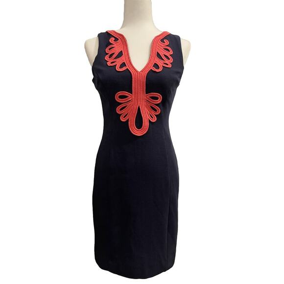 Lilly Pulitzer Sheath Dress XS 0 Navy Coral Sleeveless Embroidered Stretch Knee - Picture 3 of 12